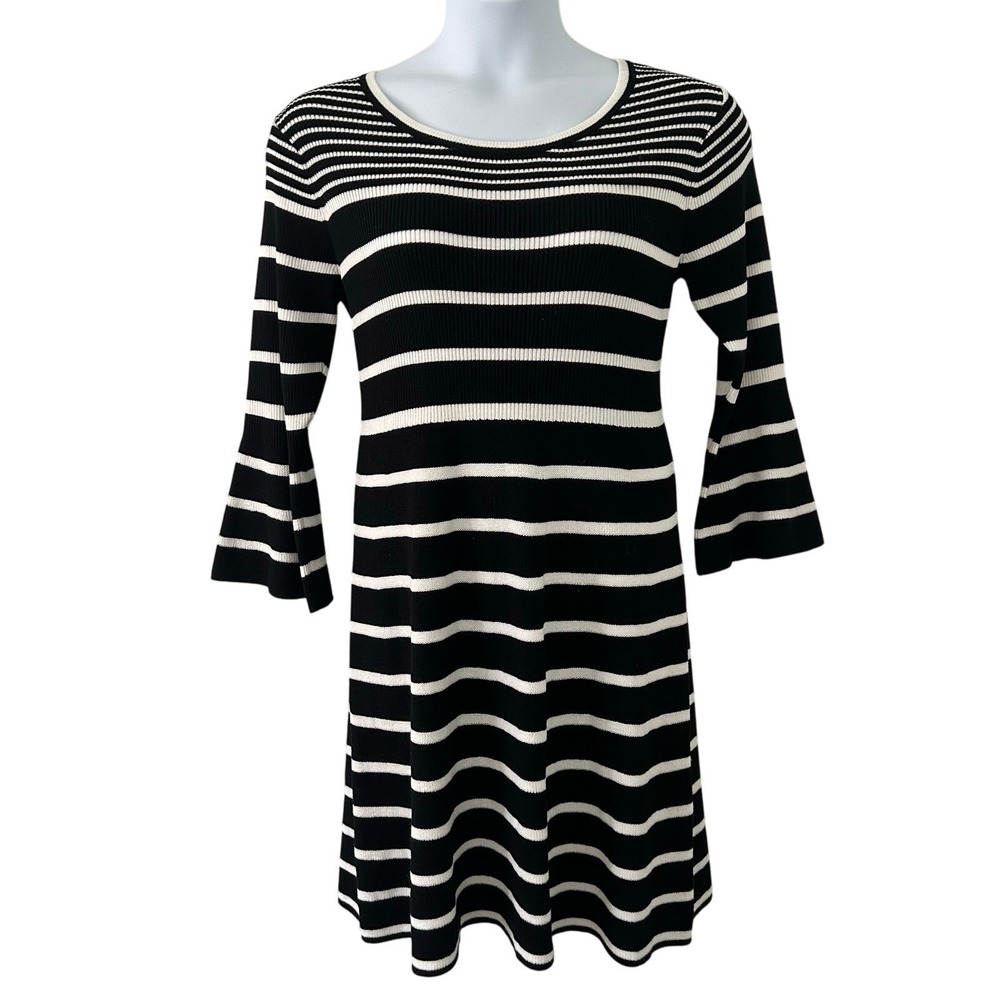 Est 1946 Women's Striped 3/4 Bell Sleeve Black White Sweater Dress M Medium
